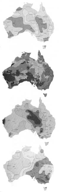 These maps of australia depict numerical averages related to natural features